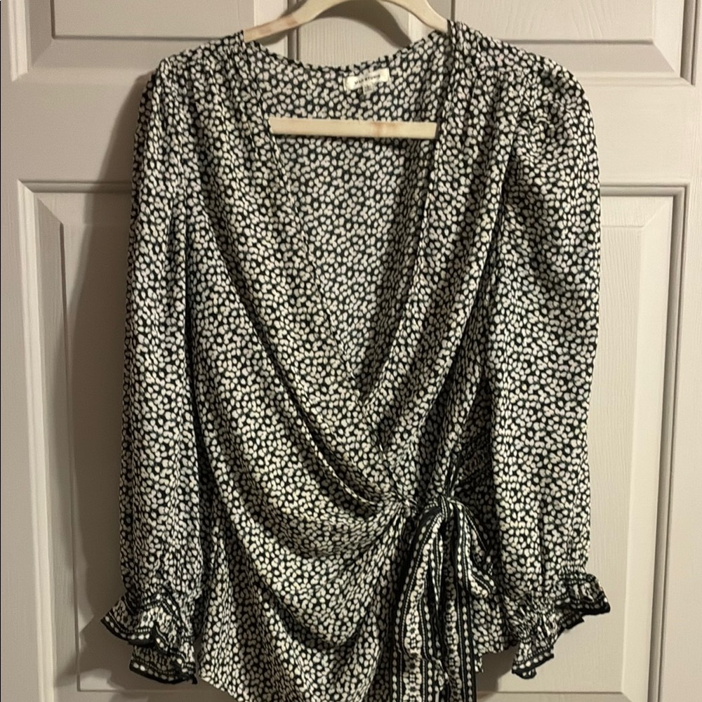 Max Studio Black and White Ruffled Wrap Blouse